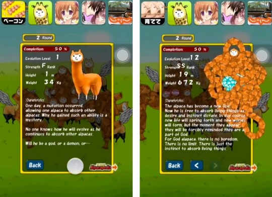 Nivel 1 y nivel 12, el último, de Alpaca Evolution.